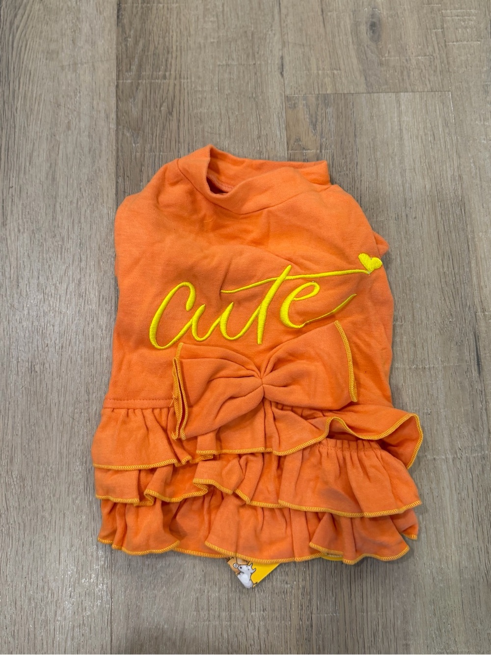 Orange Yellow Cotton Ruffled Dog Dress w/ Bow Embroidered "Cute" Size M